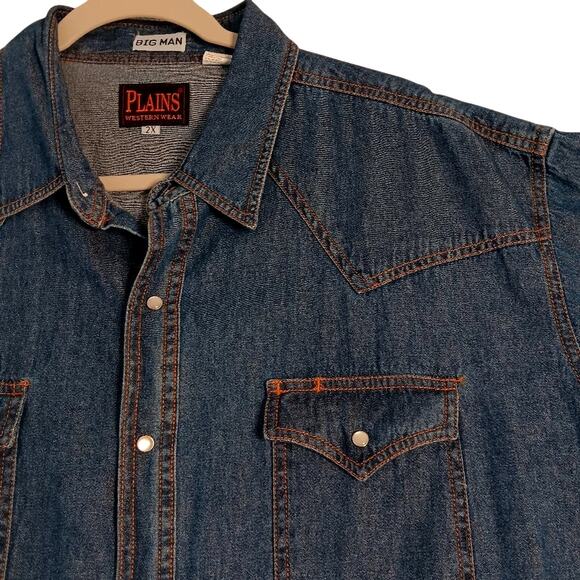 Plains Other - Plains Vintage Western Denim Shirt Men 2X  Blue Pearl Snap Big Mans Short Sleeve